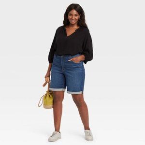 Ava & Viv Women Plus Roll Cuff Bermuda Jean Shorts High Rise Long--Dark Wash